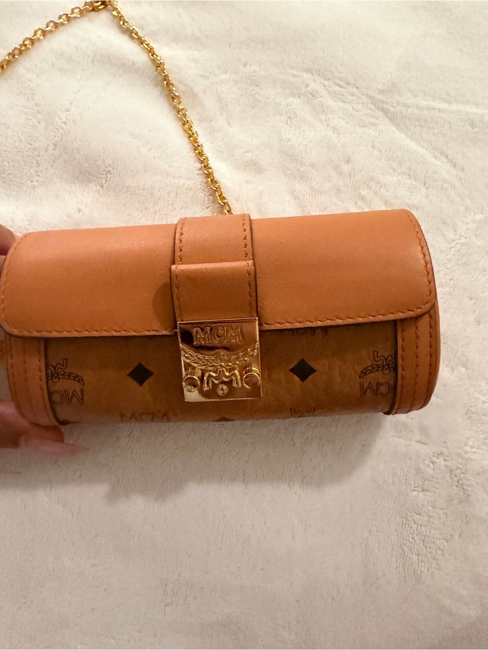 MCM Tan Cognac Logo-Print Mini Shoulder Bag with Gold Chain
